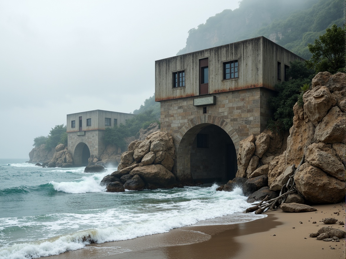 Prompt: Massive monolithic structures, rugged coastal cliffs, crashing ocean waves, salty sea air, weathered stone surfaces, brutalist design, fortress-like buildings, imposing verticality, cantilevered roofs, dramatic overhangs, reinforced concrete materials, rusting steel accents, glassless windows, minimalist ornamentation, windswept landscape, sandy beaches, driftwood sculptures, stormy weather conditions, high-contrast lighting, shallow depth of field, 2/3 composition, cinematic atmosphere, realistic textures.