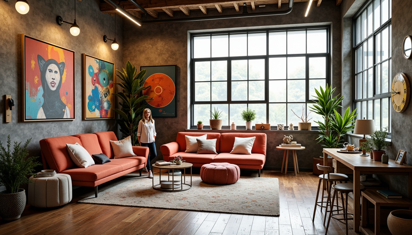 Prompt: Vibrant artistic studio, eclectic furniture, bold colorful accents, pastel hues, natural materials, reclaimed wood, industrial chic decor, abstract artwork, oversized windows, flooding natural light, warm atmospheric lighting, soft focus, 3/4 composition, intimate setting, cozy atmosphere.