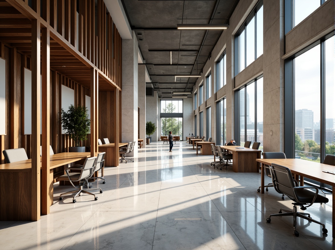 Prompt: Modern office building interior, sleek metal accents, polished marble floors, wooden conference tables, ergonomic chairs, minimalist desks, floor-to-ceiling windows, natural light pouring in, soft warm ambiance, subtle texture variations, realistic material reflections, ambient occlusion, 3/4 composition, shallow depth of field, warm color palette, professional atmosphere.