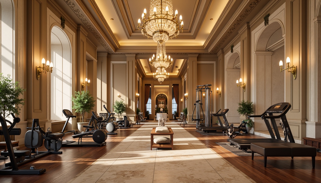 Prompt: Elegant fitness center, grandiose columns, ornate moldings, soft beige walls, rich walnut floors, lavish chandeliers, majestic archways, symmetrical composition, balanced color harmony, muted earth tones, warm golden lighting, subtle texture overlays, intricate marble patterns, ornamental metalwork, sophisticated athletic equipment, luxurious leather furniture, refined wooden accents, serene atmosphere, shallow depth of field, 1/1 composition, soft focus effect.