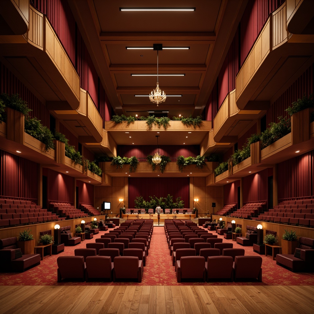 Prompt: Intimate concert hall, rich wood paneling, velvety drapes, sound-absorbing materials, precision-crafted seating, polished wooden floors, dramatic chandeliers, subtle color palette, refined architectural details, ornate moldings, luxurious fabrics, plush carpets, optimal reverberation time, precise sound diffusion, strategic speaker placement, warm ambient lighting, 1/2 composition, shallow depth of field, realistic textures, soft focus effect.