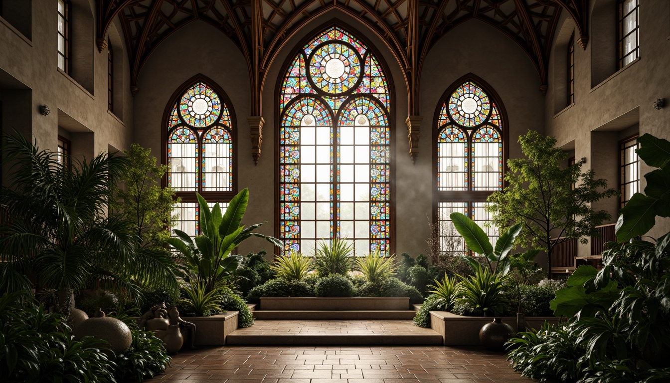 Prompt: Vibrant stained glass windows, intricate Gothic arches, lush greenery, tropical plants, misty atmosphere, warm natural light, colorful mosaics, ornate metal frameworks, delicate flower patterns, majestic vaulted ceilings, grand entranceways, rustic stone walls, verdant foliage, soft diffused lighting, 1/1 composition, symmetrical framing, rich textures, ambient occlusion.