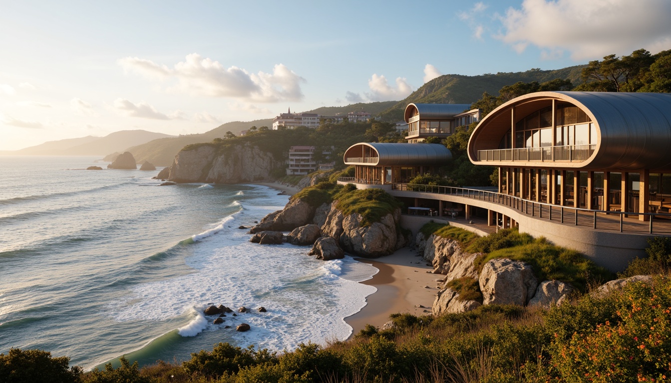 Prompt: Wave-cutting coastline, rugged cliffs, sandy beaches, seaside promenade, oceanfront properties, modern coastal architecture, curved lines, nautical-inspired design, steel beams, wooden decks, salt-resistant materials, weathered wood textures, beachside amenities, outdoor recreational spaces, scenic lookout points, panoramic views, dramatic sea-to-sky transitions, warm golden lighting, shallow depth of field, 2/3 composition, cinematic perspective, realistic atmospheric effects.