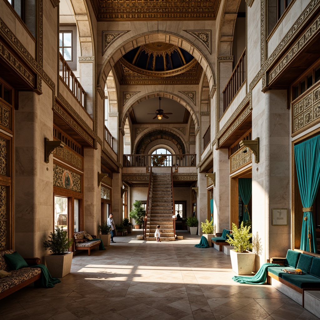 Prompt: Byzantine-inspired buildings, ornate stone carvings, golden mosaics, intricate arches, domed structures, grand entranceways, marble columns, ornamental metalwork, vibrant turquoise accents, richly patterned textiles, luxurious velvet fabrics, gleaming bronze details, ambient warm lighting, soft shadows, 1/1 composition, realistic reflections, detailed normal maps.