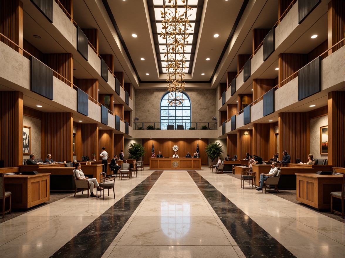 Prompt: Grand courthouse interior, high ceilings, ornate chandeliers, polished marble floors, rich wood paneling, dignified judiciary benches, comfortable witness chairs, modern acoustic panels, natural stone walls, elegant staircases, spacious atriums, abundant natural light, soft warm illumination, 1/1 composition, realistic textures, ambient occlusion.