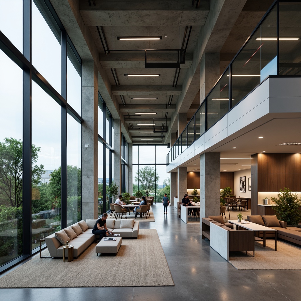 Prompt: Modern interior design, open-plan living space, minimalist aesthetic, functional zones, flexible furniture arrangements, sleek lines, monochromatic color scheme, polished concrete floors, floor-to-ceiling windows, abundant natural light, optimized workflow, ergonomic seating, task-oriented workstations, collaborative areas, acoustic panels, sound-absorbing materials, warm ambient lighting, 1/1 composition, shallow depth of field, realistic textures.