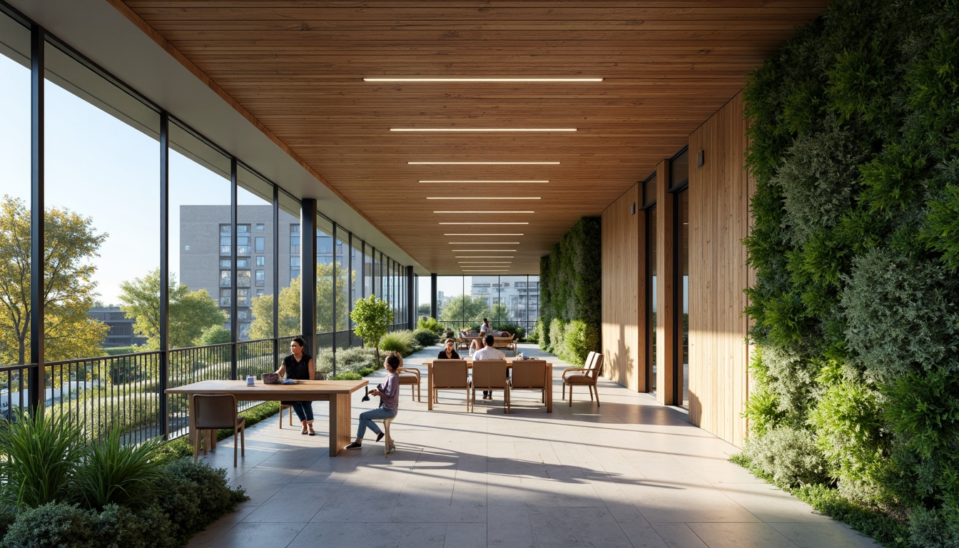 Prompt: Eco-friendly office building, natural materials, reclaimed wood accents, living green walls, energy-efficient LED lighting, soothing color scheme, calming blues, muted greens, earthy tones, organic textures, minimalist design, modern architecture, large windows, abundant natural light, subtle gradients, soft shadows, 3/4 composition, realistic render.