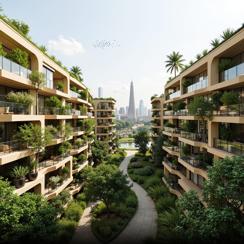 Prompt: Eco-friendly green buildings, lush rooftop gardens, solar panels, wind turbines, rainwater harvesting systems, recycled materials, low-carbon footprint, energy-efficient systems, natural ventilation, large windows, passive design strategies, thermal mass, insulated walls, green roofs, living walls, urban agriculture, vertical farming, organic forms, curvaceous lines, earthy color palette, abundant natural light, soft warm ambiance, 1/1 composition, symmetrical view, realistic textures, ambient occlusion.