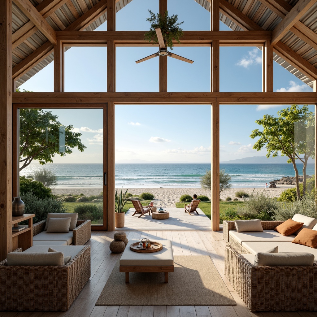 Prompt: Coastal villa, oceanfront views, sandy beaches, palm trees, seaside promenade, beachy ambiance, nautical theme, weathered wood accents, corrugated metal roofs, large windows, sliding glass doors, open floor plans, minimalist decor, calming color palette, natural textiles, woven rattan furniture, driftwood sculptures, sea breeze ventilation, soft warm lighting, shallow depth of field, 2/3 composition, symmetrical balance, atmospheric perspective.