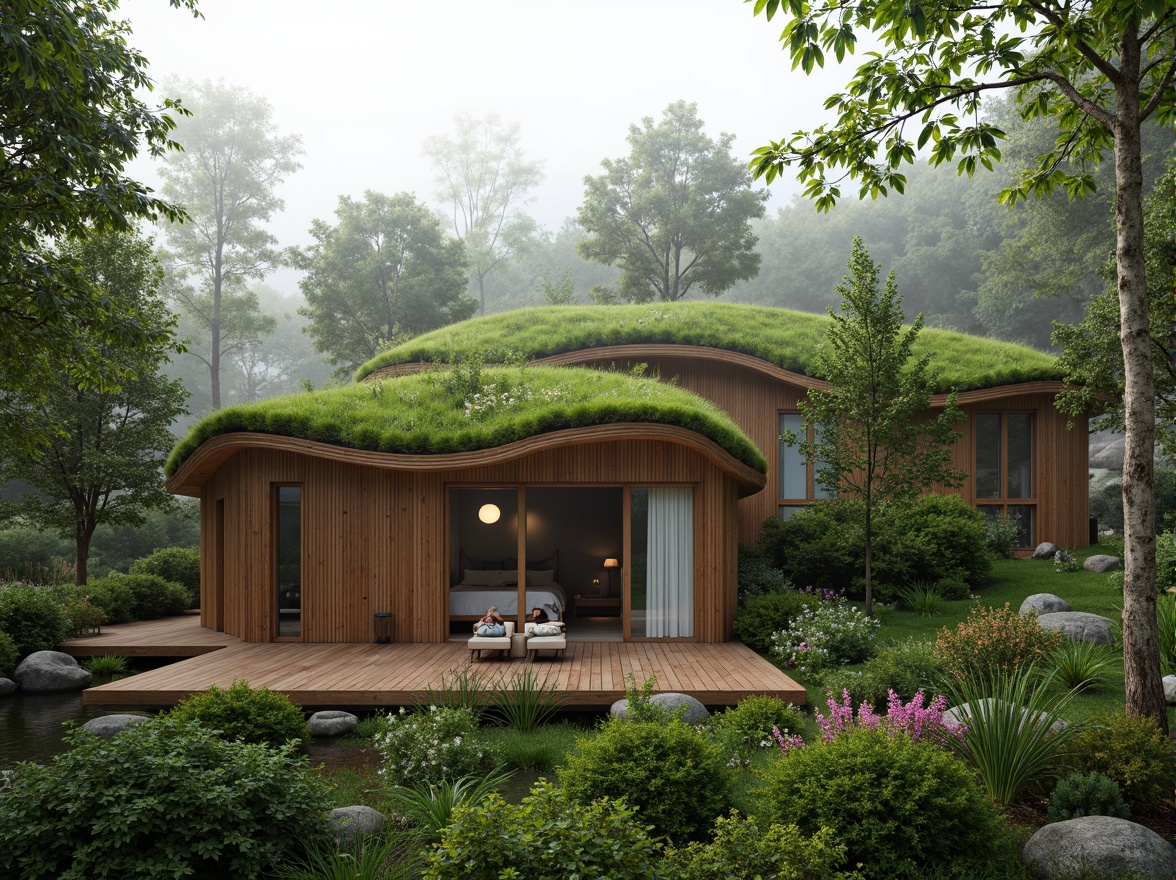 Prompt: Harmonious eco-friendly architecture, lush green roofs, living walls, natural stone facades, reclaimed wood accents, organic curves, earthy tones, serene forest surroundings, misty atmosphere, soft diffused lighting, shallow depth of field, 2/3 composition, realistic textures, ambient occlusion.