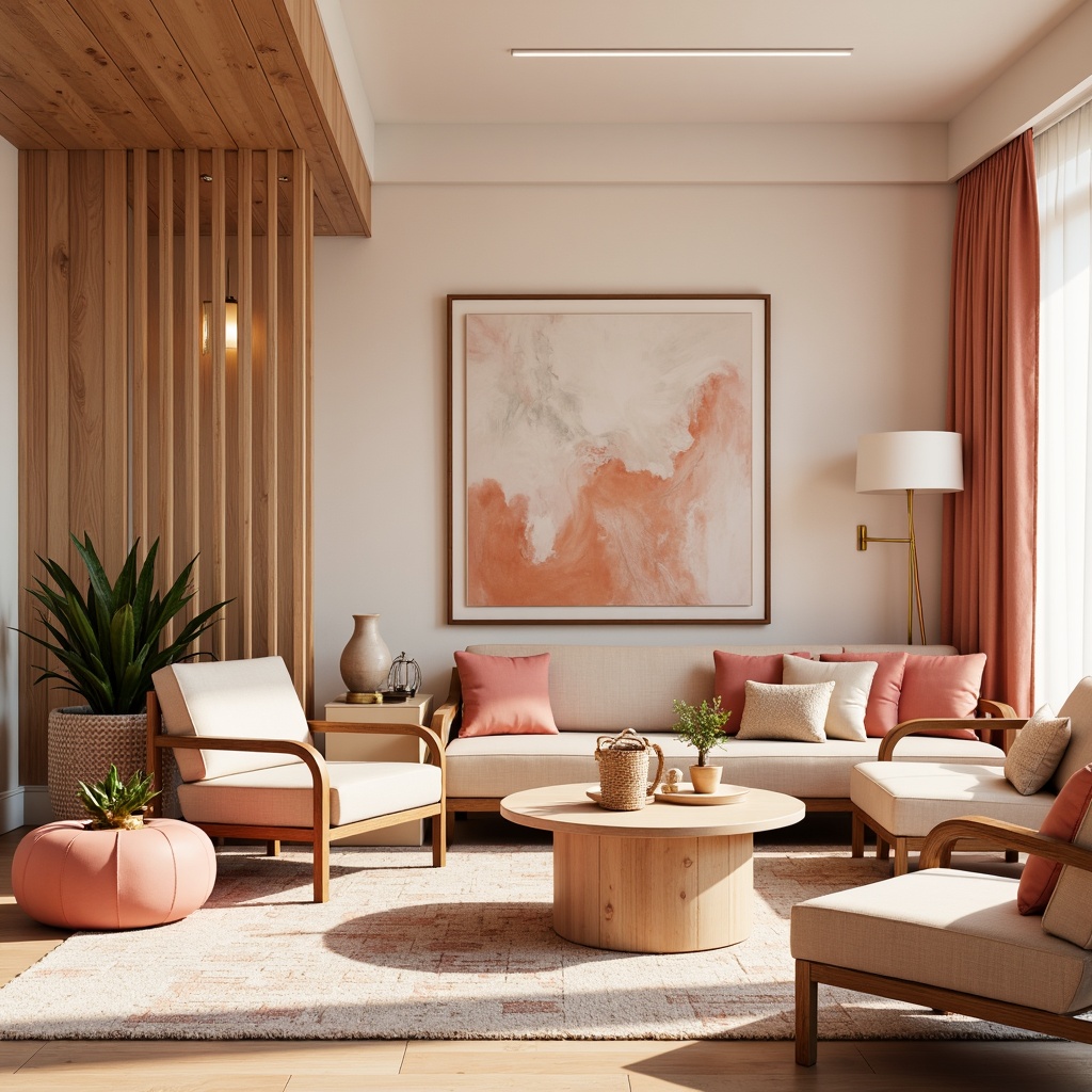 Prompt: Vibrant modern interior, pastel color scheme, soft peach tones, creamy whites, rich wood accents, metallic gold details, plush furniture, geometric patterns, natural textiles, warm ambient lighting, shallow depth of field, 3/4 composition, realistic renderings, atmospheric effects.