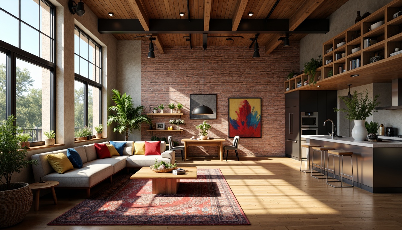 Prompt: Cozy living room, comfortable sofas, warm lighting, wooden flooring, modern coffee table, decorative vases, large windows, natural sunlight, urban loft atmosphere, industrial chic decor, exposed brick walls, metal beams, eclectic artwork, vibrant color accents, plush area rugs, minimalist shelves, functional storage units, sleek kitchen island, high-gloss countertops, stainless steel appliances, intimate dining space, soft background music, shallow depth of field, 1/1 composition, warm and inviting ambiance.