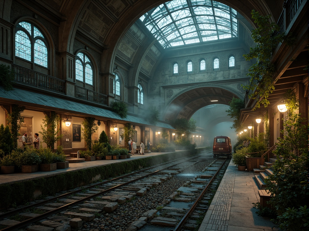 Prompt: Mysterious Gothic train station, grandiose vaulted ceilings, ornate stone carvings, intricate stained glass windows, rustic wooden benches, vintage luggage carts, misty atmosphere, soft warm lighting, dramatic shadows, lush greenery, overgrown ivy, moss-covered stones, natural rock formations, serene water features, gentle fountains, weathered copper roofs, ancient tree silhouettes, foggy mornings, cinematic composition, shallow depth of field, 3/4 framing.