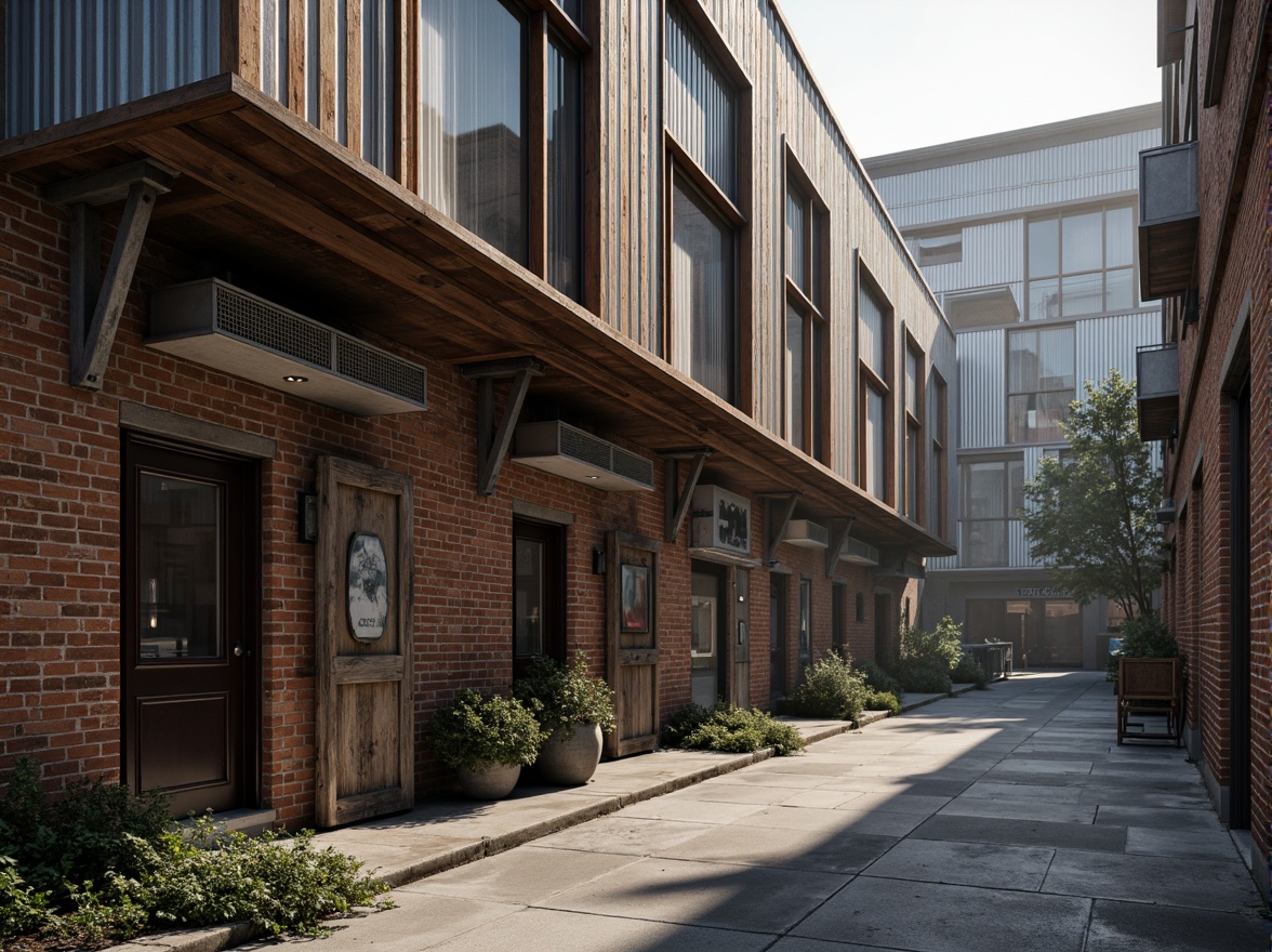 Prompt: Rustic warehouse exterior, distressed brick walls, corrugated metal cladding, wooden accents, vintage industrial windows, steel beams, exposed ductwork, reclaimed wood signage, urban alleyway setting, morning misty atmosphere, soft natural lighting, shallow depth of field, 1/2 composition, realistic textures, ambient occlusion.