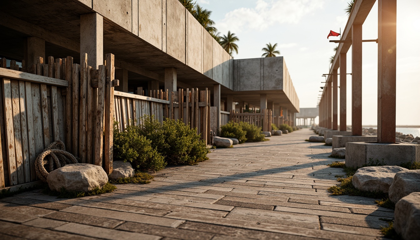 Prompt: Weathered wooden planks, driftwood accents, rusty metal corrals, sandy concrete walls, ocean-worn stone foundations, seaweed-covered rocks, beachy pebbles, distressed nautical ropes, faded naval flags, salty mist atmosphere, warm golden lighting, shallow depth of field, 1/1 composition, realistic weathering effects, ambient occlusion.