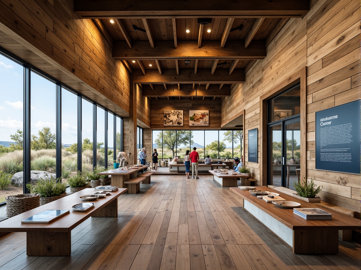 Prompt: Rustic coastal visitor center, weathered wooden planks, driftwood accents, ocean-inspired color palette, sandy dunes, seaside rocks, nautical ropes, marine life exhibits, interactive displays, educational signage, reclaimed wood walls, large windows, sliding glass doors, natural ventilation, soft warm lighting, shallow depth of field, 3/4 composition, panoramic view, realistic textures, ambient occlusion.