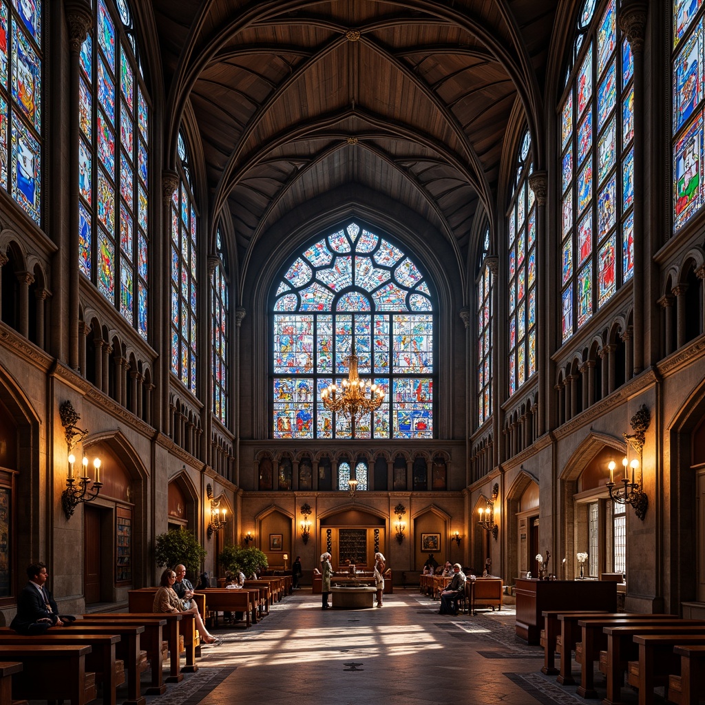 Prompt: Intricate stained glass windows, ornate frames, colorful patterns, Gothic arches, ribbed vaults, flying buttresses, grand halls, high ceilings, luxurious furnishings, rich textiles, mysterious ambiance, warm candlelight, soft focused lighting, 1/1 composition, symmetrical framing, detailed textures, ambient occlusion.