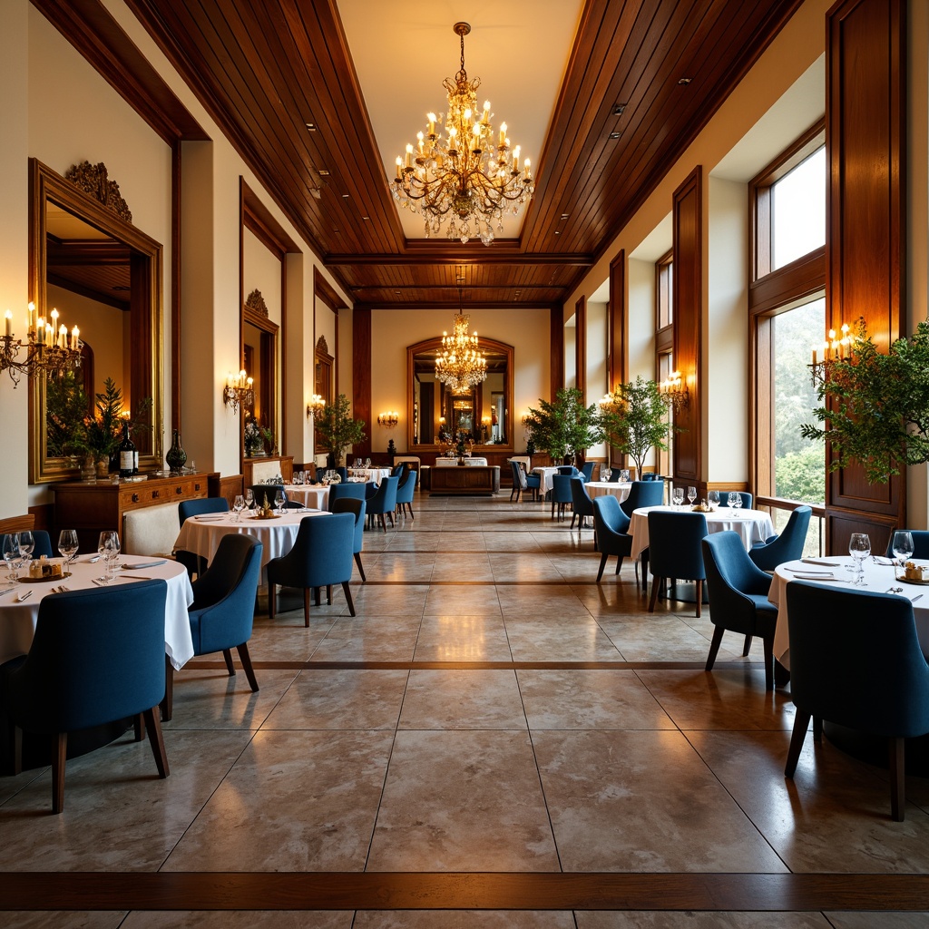 Prompt: Vibrant dining hall, rich wood tones, warm golden lighting, elegant chandeliers, cream-colored walls, deep blue accents, luxurious velvet fabrics, metallic silverware, ornate mirrors, refined marble floors, sophisticated architectural details, harmonious color balance, inviting atmosphere, soft focus, 1/2 composition, natural textures, ambient occlusion.