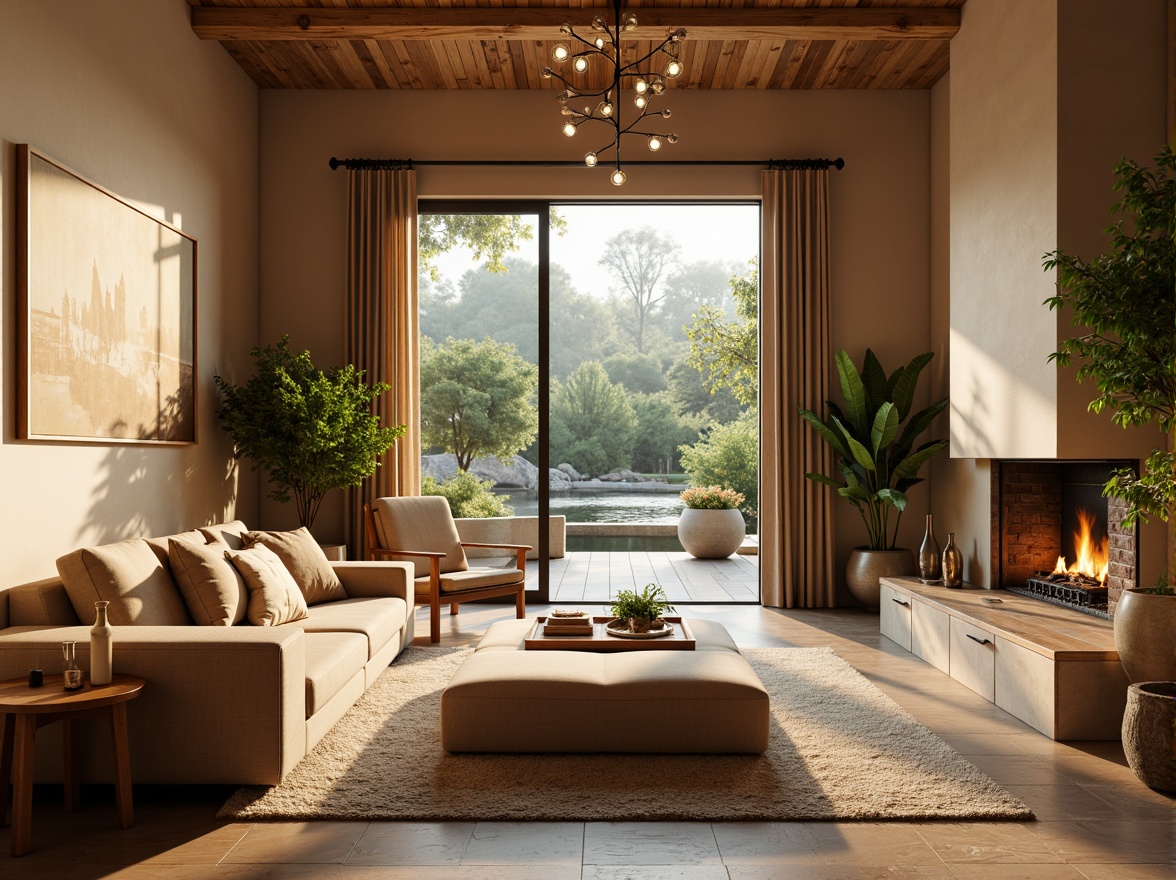 Prompt: Cozy living room, warm beige walls, plush velvet sofa, wooden coffee table, soft golden lighting, comfortable pillows, lush green plants, natural stone fireplace, modern minimalist decor, elegant chandelier, warm earthy tones, inviting ambiance, spacious open layout, large windows, glass sliding doors, serene outdoor views, calming water features, peaceful atmosphere, 1/1 composition, realistic textures, ambient occlusion.