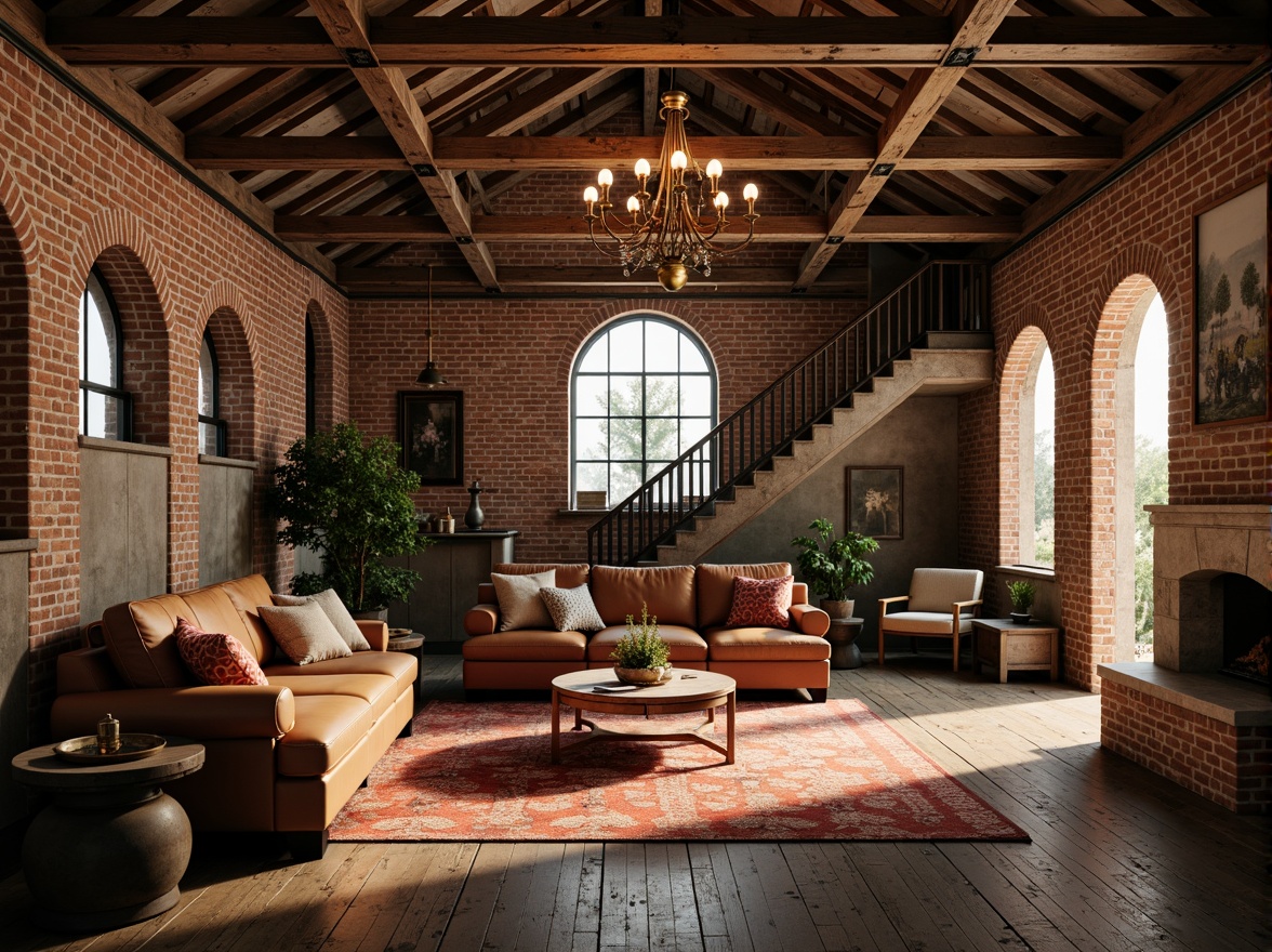 Prompt: Exposed brick walls, wooden beam ceilings, industrial metal pipes, reclaimed wood floors, distressed leather sofas, vintage decorative artifacts, ornate chandeliers, grand staircases, sweeping archways, majestic vaulted ceilings, rustic stone fireplaces, rich textiles, earthy color palette, warm golden lighting, shallow depth of field, 1/1 composition, atmospheric fog effect, detailed normal maps.