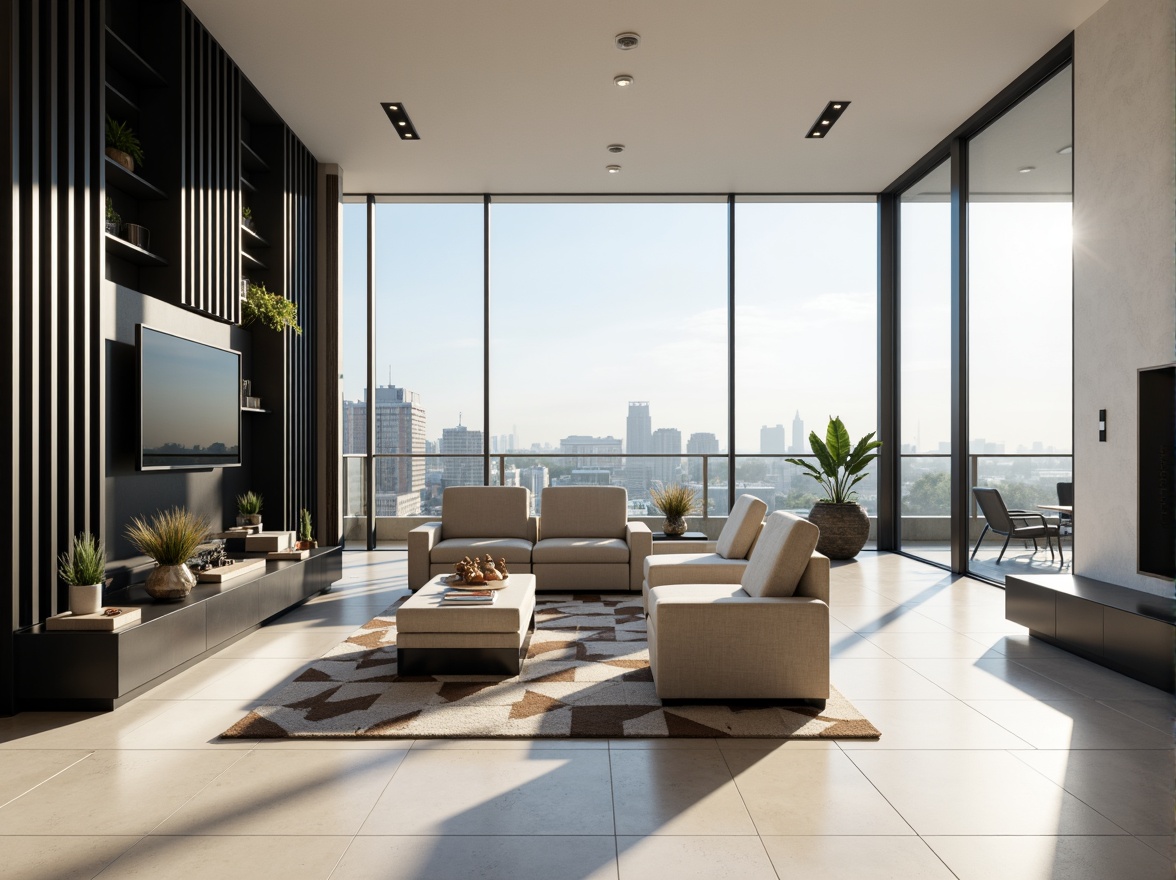 Prompt: Minimalist modern living room, sleek low-profile furniture, polished chrome accents, matte black walls, creamy white floors, geometric patterned rug, floor-to-ceiling windows, sliding glass doors, cityscape views, natural light flooding, airy feel, 1/1 composition, shallow depth of field, softbox lighting, realistic reflections, ambient occlusion.