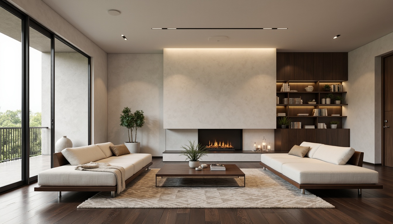 Prompt: Minimalist living room, sleek low-profile furniture, polished chrome accents, soft beige walls, dark hardwood floors, floor-to-ceiling windows, sliding glass doors, open-plan layout, functional storage units, built-in shelving, modern minimalist decor, ambient indirect lighting, 1/1 composition, shallow depth of field, realistic textures, subtle color palette, comfortable seating areas, plush throw pillows, geometric patterned rugs.