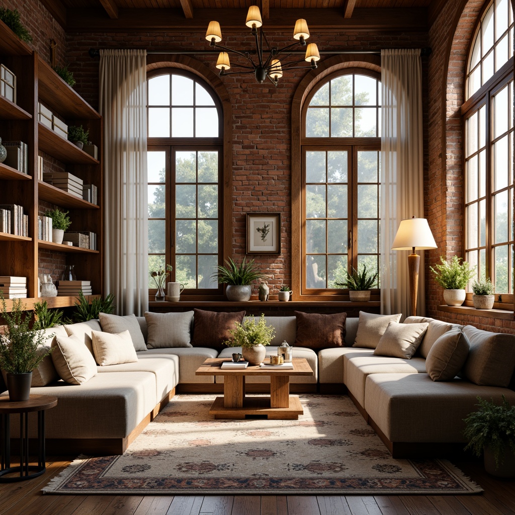 Prompt: Cozy living room, plush sofas, warm wooden flooring, soft cushions, rustic brick walls, vintage decorative items, natural light pouring in, large windows, sheer curtains, elegant chandeliers, comfortable reading nooks, rich textures, earthy color palette, inviting atmosphere, relaxing ambiance, soft background music, aromatic scents, 3/4 composition, shallow depth of field, warm warm lighting, realistic renderings.