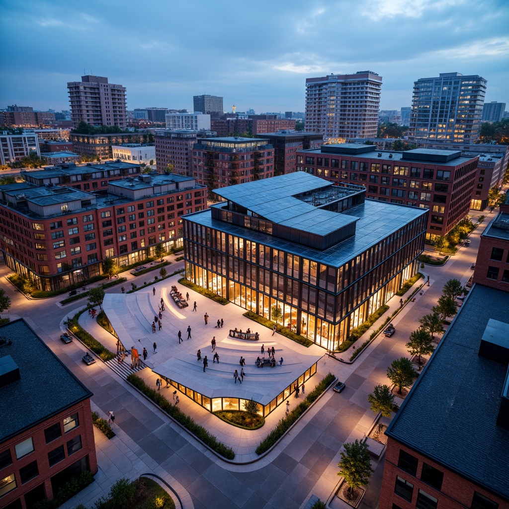 Prompt: Vibrant performing arts center, dynamic cityscape, bustling streets, eclectic neighborhoods, urban renewal projects, adaptive reuse of industrial buildings, exposed brick walls, steel beams, modern glass fa\u00e7ades, cantilevered roofs, LED lighting installations, pedestrian-friendly plazas, street art murals, public sculptures, outdoor amphitheaters, green roofs, rainwater harvesting systems, natural ventilation strategies, flexible performance spaces, retractable seating, state-of-the-art sound systems, immersive multimedia experiences, 1-point perspective composition, low-angle shots, cinematic lighting effects, futuristic urban landscape.