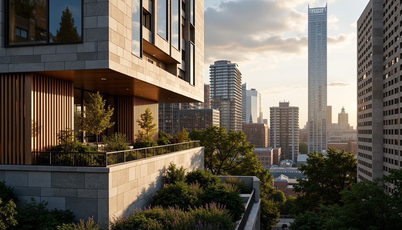 Prompt: Richly textured stone walls, contrasting smooth glass surfaces, intricately patterned metal latticework, juxtaposed rough-hewn wood accents, vibrant greenery, modern minimalist architecture, sleek urban skyscrapers, bustling cityscape, dramatic cloudy sky, warm golden lighting, high contrast ratio, bold color palette, abstract geometric forms, dynamic visual tension, 1/2 composition, shallow depth of field, realistic material rendering.