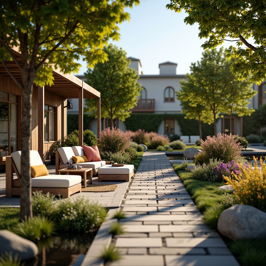 Prompt: Cozy patio, warm lighting, comfortable seating areas, lush greenery, vibrant flowers, natural stone pathways, wooden accents, modern outdoor furniture, soft cushions, colorful throw pillows, refreshing water features, small ponds, gentle streams, serene ambiance, warm sunny days, shallow depth of field, 3/4 composition, realistic textures, ambient occlusion.