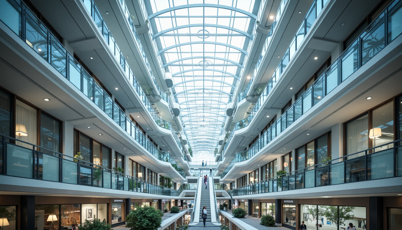 Prompt: Glass facades, transparent roofs, minimalist frames, airy atriums, open staircases, suspended walkways, luminous ceilings, see-through floors, steel beams, polished chrome accents, reflective surfaces, subtle shading devices, cantilevered structures, floating volumes, ethereal lighting, soft focus blur, shallow depth of field, 1/1 composition, symmetrical framing, atmospheric perspective.