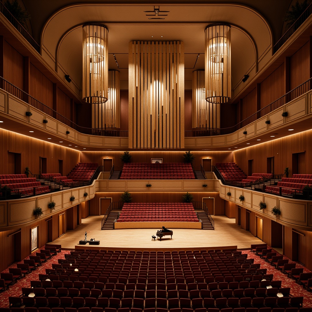 Prompt: Intimate concert hall, rich wood tones, plush velvet seats, ornate chandeliers, suspended soundproofing panels, acoustic absorption materials, diffused natural light, subtle warm color scheme, sophisticated sound systems, professional audio equipment, adjustable stage lighting, grand piano, string instruments, vocal performances, elegant balconies, curved architectural lines, detailed moldings, soft carpeted floors, upholstered walls, precise sound reflections, 1/2 composition, shallow depth of field, warm atmospheric ambiance.