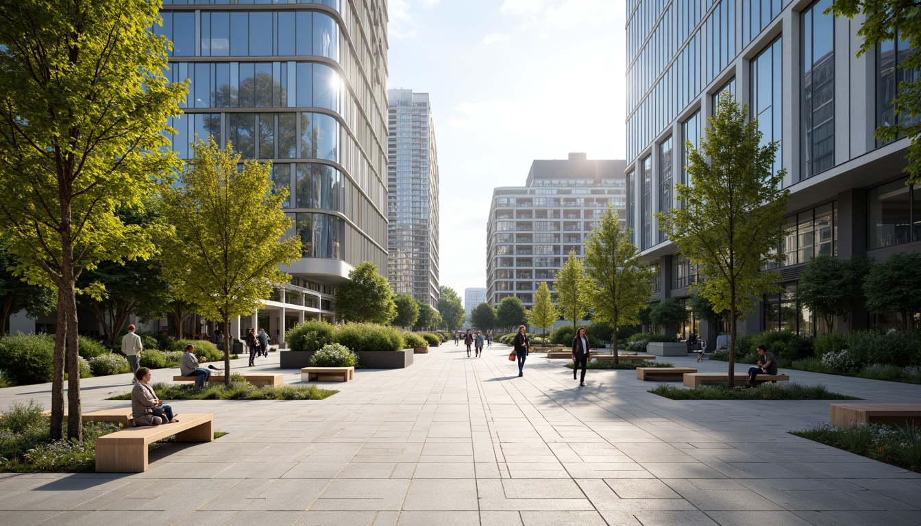 Prompt: Vast open plazas, natural stone flooring, minimalist landscaping, modern sleek benches, vibrant greenery, urban skyscrapers, glass curtain walls, steel framework, cantilevered roofs, abundant natural light, warm sunny day, shallow depth of field, 3/4 composition, panoramic view, realistic textures, ambient occlusion.