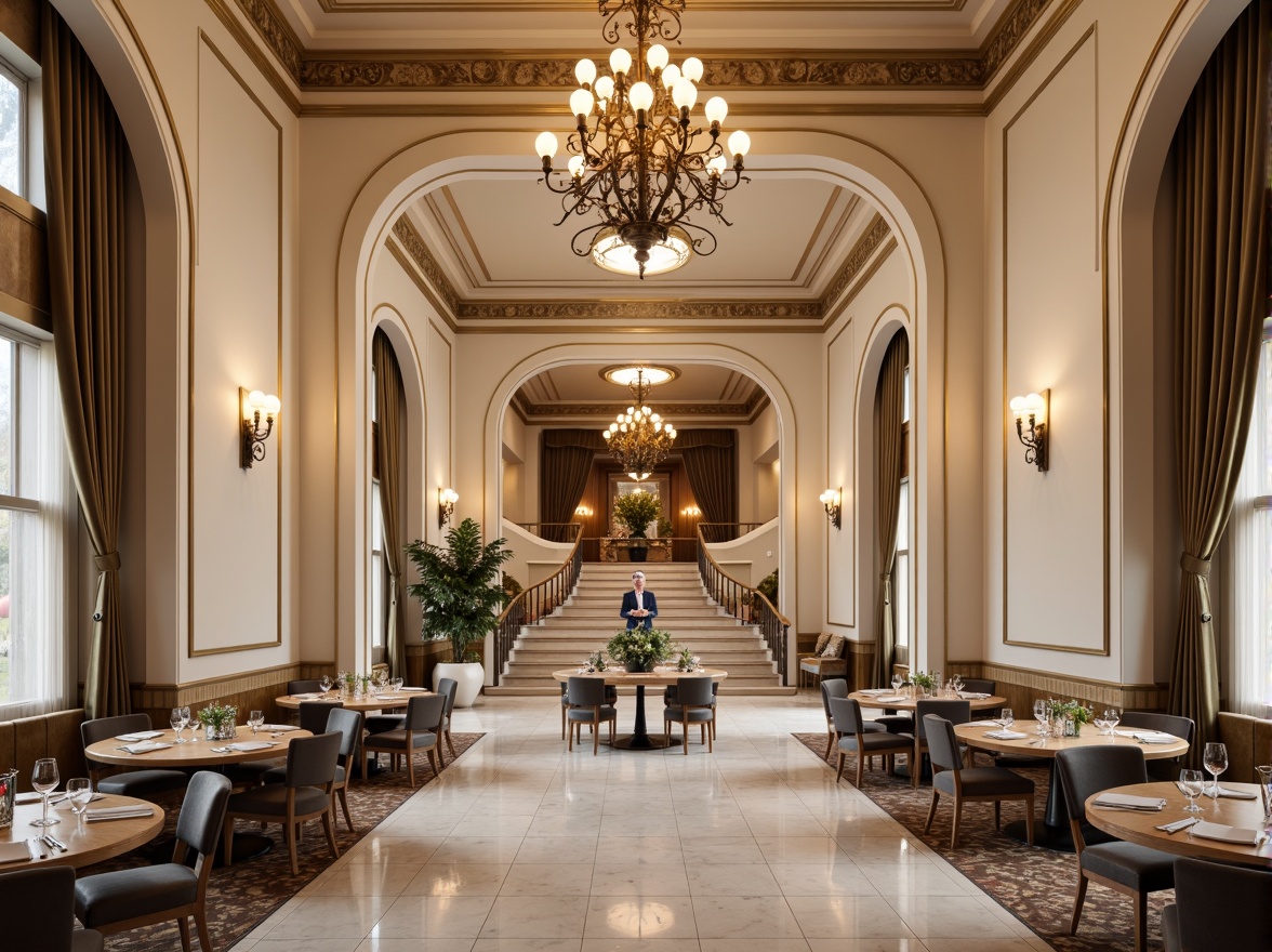 Prompt: Elegant dining hall, luxurious chandeliers, marble floors, cream-colored walls, ornate moldings, refined wooden furniture, velvet drapes, subtle lighting, symmetrical composition, central focal point, grand staircase, sweeping archways, sophisticated color palette, rich textures, warm ambiance, intimate seating areas, scenic views, natural stone accents, metallic highlights, ornate ceiling details, soft warm glow, shallow depth of field, 1/1 composition, realistic reflections.