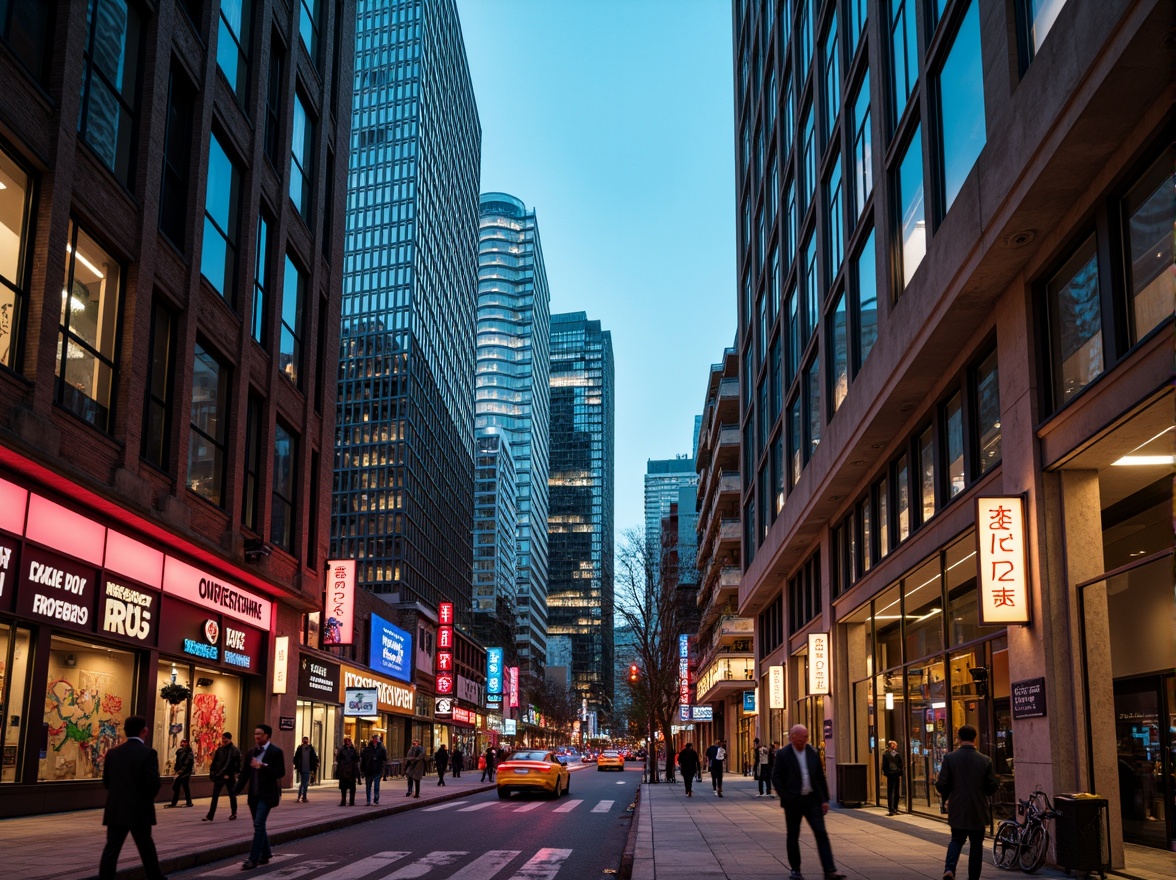 Prompt: Vibrant cityscape, modern skyscrapers, sleek glass facades, neon lights, bustling streets, urban atmosphere, abstract art murals, graffiti walls, industrial chic, exposed brick, metallic accents, warm golden lighting, shallow depth of field, 1/2 composition, cinematic mood, moody shadows, realistic textures, ambient occlusion.