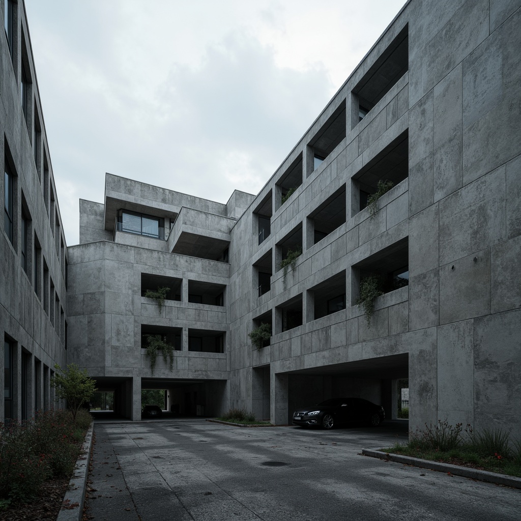 Prompt: Rough, unfinished concrete walls, brutalist architecture, industrial aesthetic, raw textures, cold tone, dramatic shadows, angular forms, fortress-like structures, urban landscapes, overcast skies, harsh lighting, low-key composition, realistic rendering, ambient occlusion.