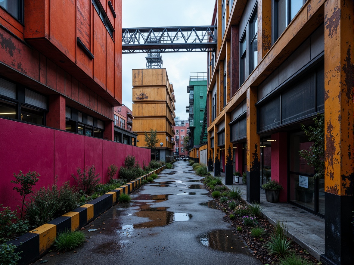 Prompt: Vibrant industrial landscape, abstract geometric shapes, bold contrasting colors, metallic accents, urban cityscape, brutalist architecture, exposed concrete, steel beams, rivets, mechanical details, distressed textures, moody atmospheric lighting, high contrast ratio, dramatic shadows, 3/4 composition, cinematic view, realistic reflections, ambient occlusion.