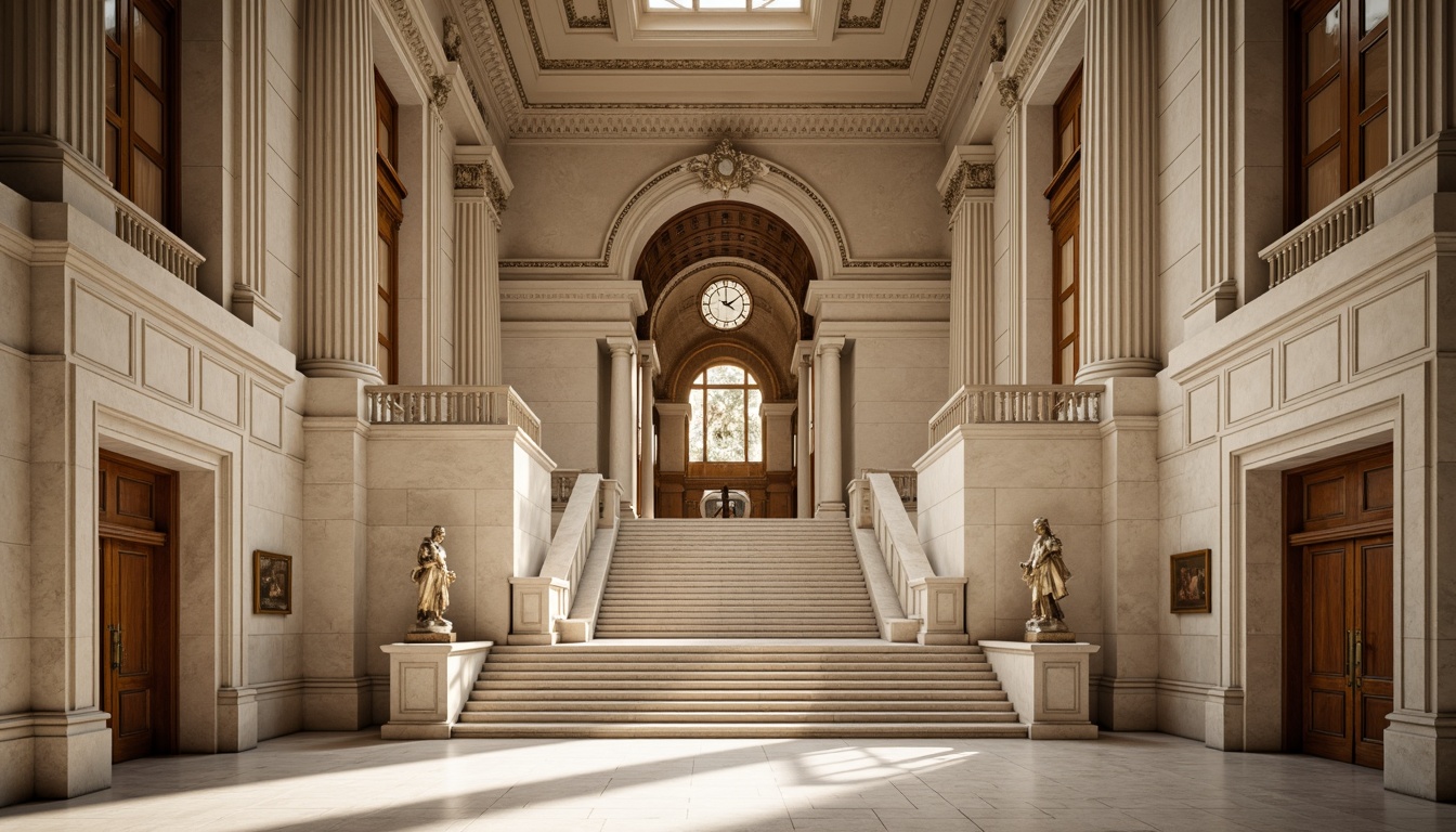 Prompt: Grand courthouse building, neoclassical facade, columned entrance, ornate carvings, symmetrical composition, majestic clock tower, grand staircase, polished marble floors, high ceilings, natural light pouring in, justice statues, intricate moldings, subtle color palette, warm beige tones, neutral background, shallow depth of field, 1/2 composition, realistic textures, ambient occlusion.