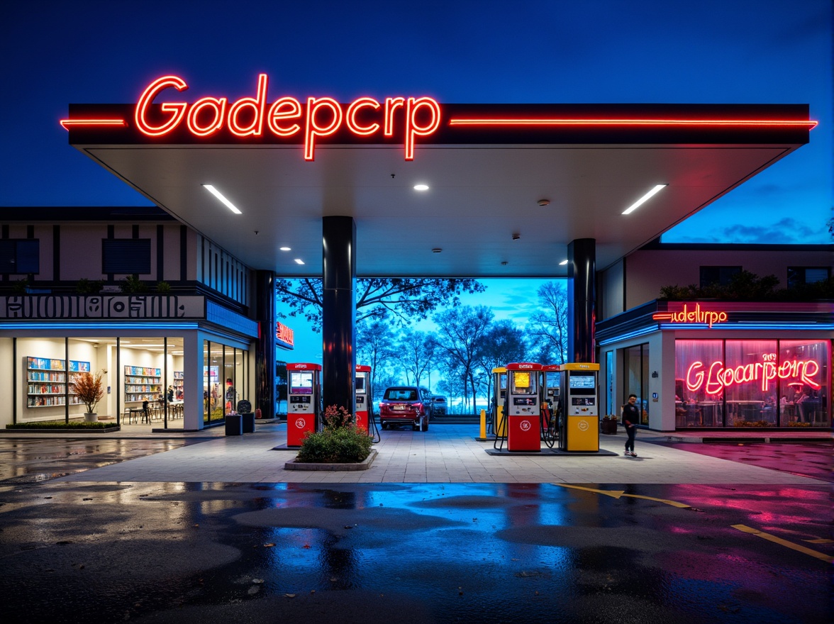 Prompt: Vibrant gas station, bold signage, bright LED lights, industrial pipes, metal canopies, sleek fuel pumps, modern architecture, angular lines, minimalist design, bold typography, energetic color scheme, neon hues, electric blue accents, fiery red highlights, sunny day, high-contrast lighting, shallow depth of field, 1/2 composition, realistic textures, ambient occlusion.