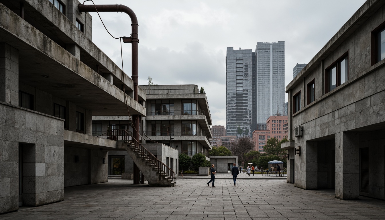 Prompt: Rustic brutalist architecture, exposed concrete structures, raw industrial materials, metallic beams, rugged stone walls, minimalist ornamentation, clean lines, functional simplicity, urban cityscape, overcast sky, dramatic shading, high-contrast lighting, abstract geometric forms, 1/1 composition, symmetrical framing, cinematic atmosphere, realistic textures, ambient occlusion.