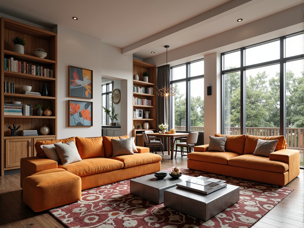 Prompt: Vibrant living room, plush sofas, modern coffee tables, geometric patterned rugs, floor-to-ceiling windows, natural light pouring in, soft warm lighting, cozy reading nooks, built-in bookshelves, wooden accents, industrial chic decor, eclectic art pieces, textured throw pillows, metallic vases, functional storage ottomans, sleek kitchen islands, high-gloss countertops, minimalist cabinetry, pendant light fixtures, airy open layouts, comfortable conversation areas, intimate dining spaces, rustic wood flooring, ambient shadows, 1/1 composition, realistic reflections.