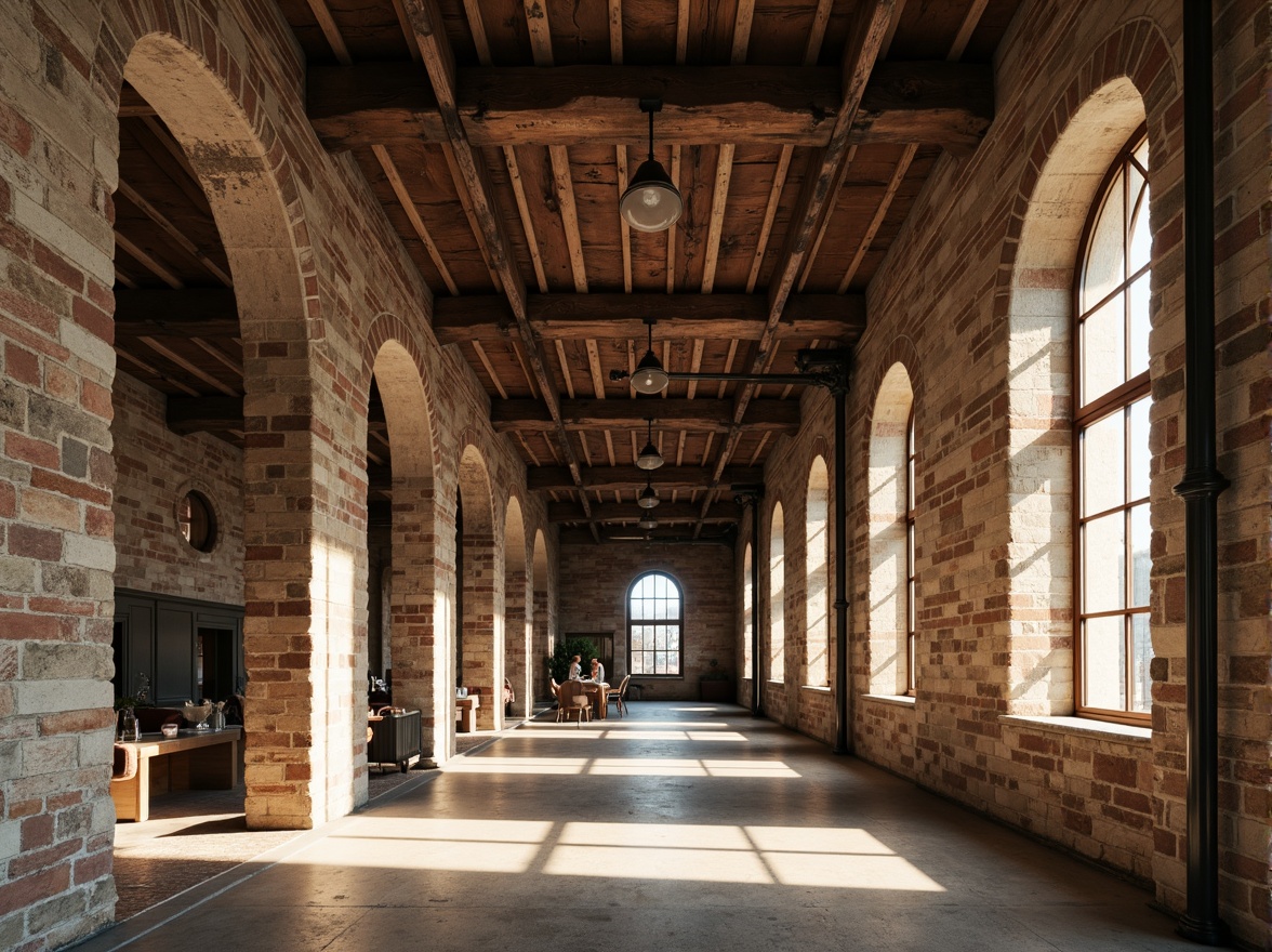 Prompt: Grand archways, rustic stone walls, ornate carvings, wooden beams, exposed brick ceilings, industrial metal accents, distressed finishes, vintage decorative fixtures, loft-style open spaces, Romanesque-inspired columns, curved lines, warm earthy tones, natural light pouring in, soft atmospheric lighting, 1/1 composition, realistic textures, ambient occlusion.