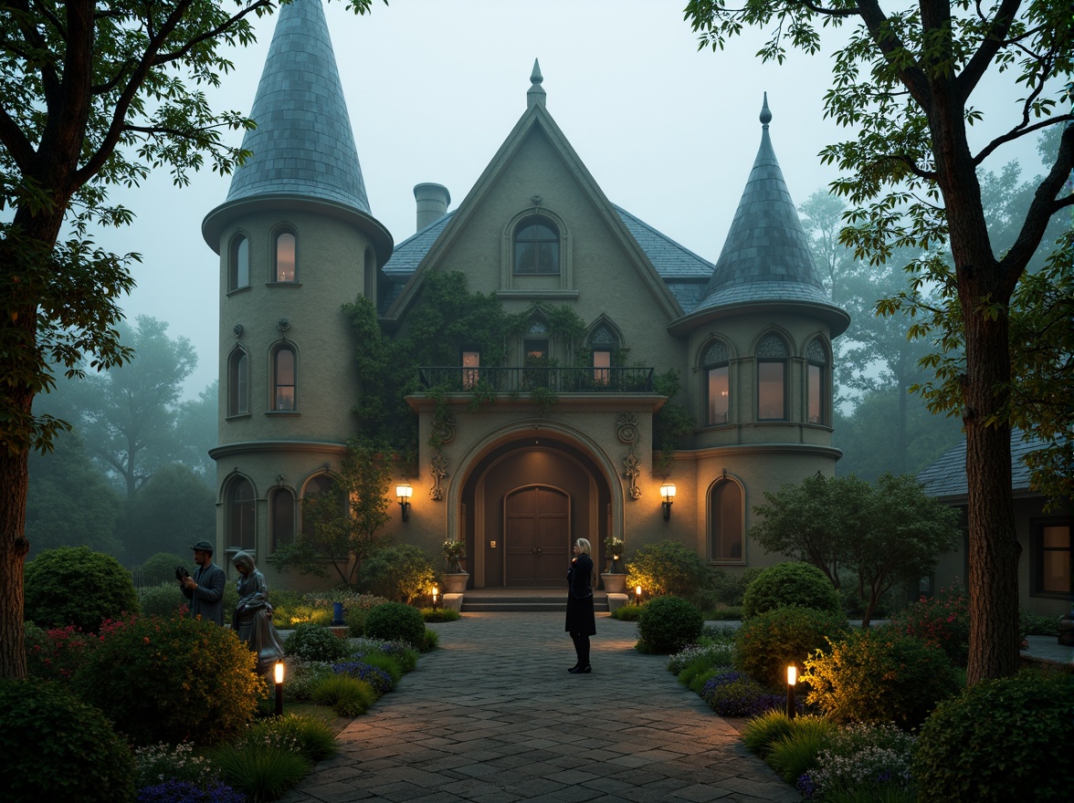 Prompt: Mysterious villa, Gothic spires, grandeur entrance, ornate stone carvings, moss-covered walls, ivy climbing, overgrown gardens, winding paths, lantern-lit walkways, foggy mornings, misty atmosphere, warm golden lighting, 1/2 composition, atmospheric perspective, eerie shadows, ancient trees, twisted branches, mysterious statues, weathered benches, worn stone steps, lush greenery, vibrant flowers, romantic ambiance.