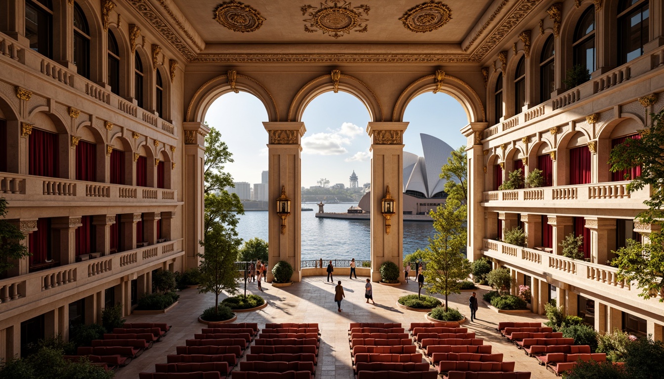 Prompt: Grand opera house, majestic staircase, ornate chandeliers, lavish balconies, red velvet curtains, golden accents, marble floors, sweeping archways, waterfront location, Sydney Harbour views, sailboat-dotted waters, sunny afternoon, soft warm lighting, shallow depth of field, 3/4 composition, panoramic view, realistic textures, ambient occlusion, lush greenery, tropical plants, outdoor amphitheater, stepped seating, natural stone walls, cantilevered roofs, modern architecture, glass fa\u00e7ade, minimalist design.