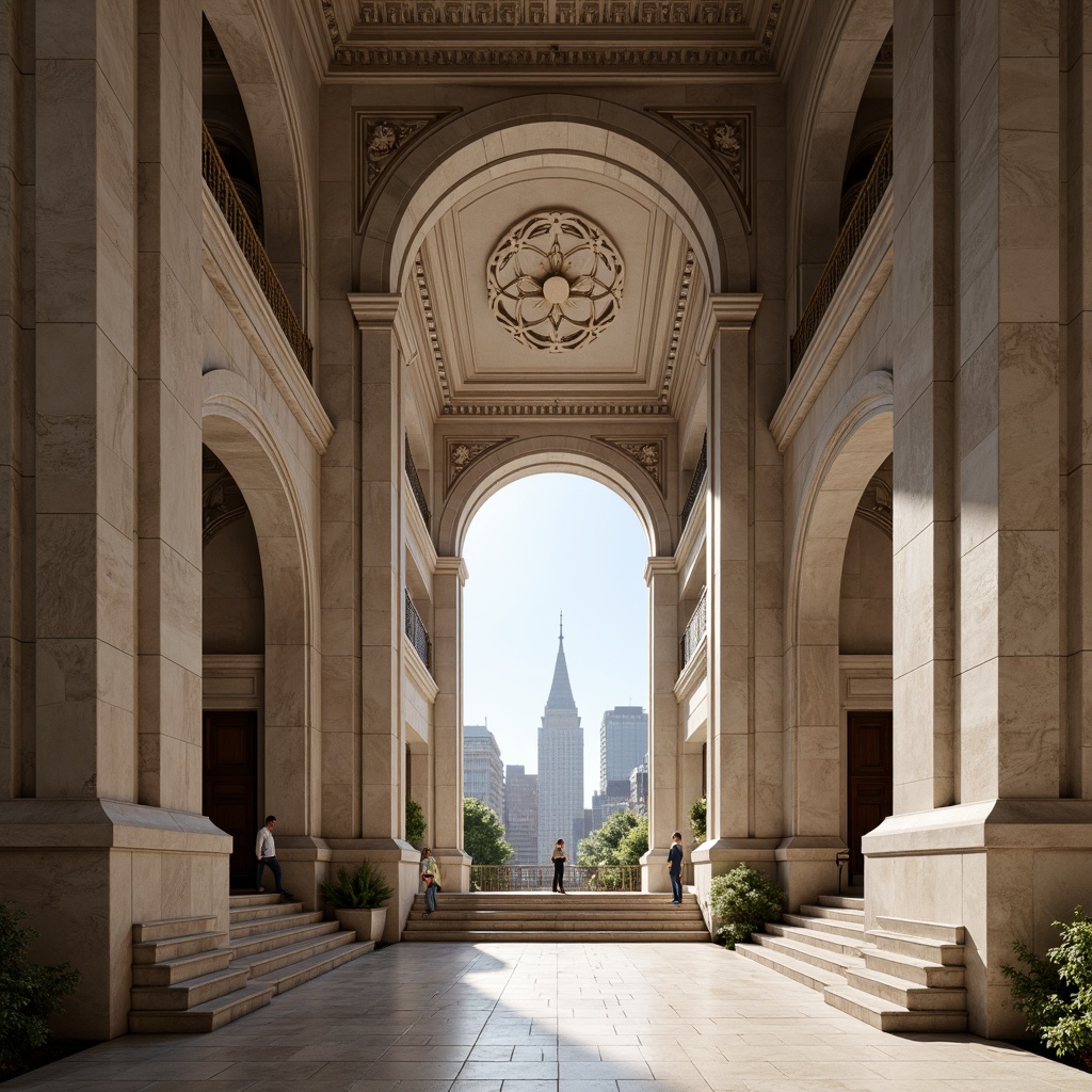 Prompt: Grand courthouse entrance, neoclassical columns, ornate stone carvings, symmetrical fa\u00e7ade composition, grand staircase, marble flooring, high ceilings, large windows, natural light flooding, dramatic archways, modernist twists, clean lines, minimal ornamentation, subtle color palette, urban cityscape backdrop, morning sunlight, soft shadows, 1/1 composition, realistic textures, ambient occlusion.