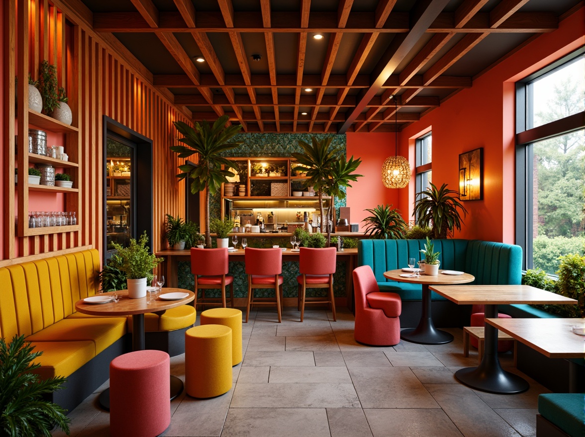 Prompt: Vibrant restaurant interior, warm golden lighting, rich wood accents, plush velvet furniture, bright coral walls, turquoise decorative tiles, lush green plants, modern minimalist decor, stainless steel kitchen appliances, large windows, natural stone flooring, cozy intimate atmosphere, soft focus blur, 1/1 composition, warm color grading, realistic textures.