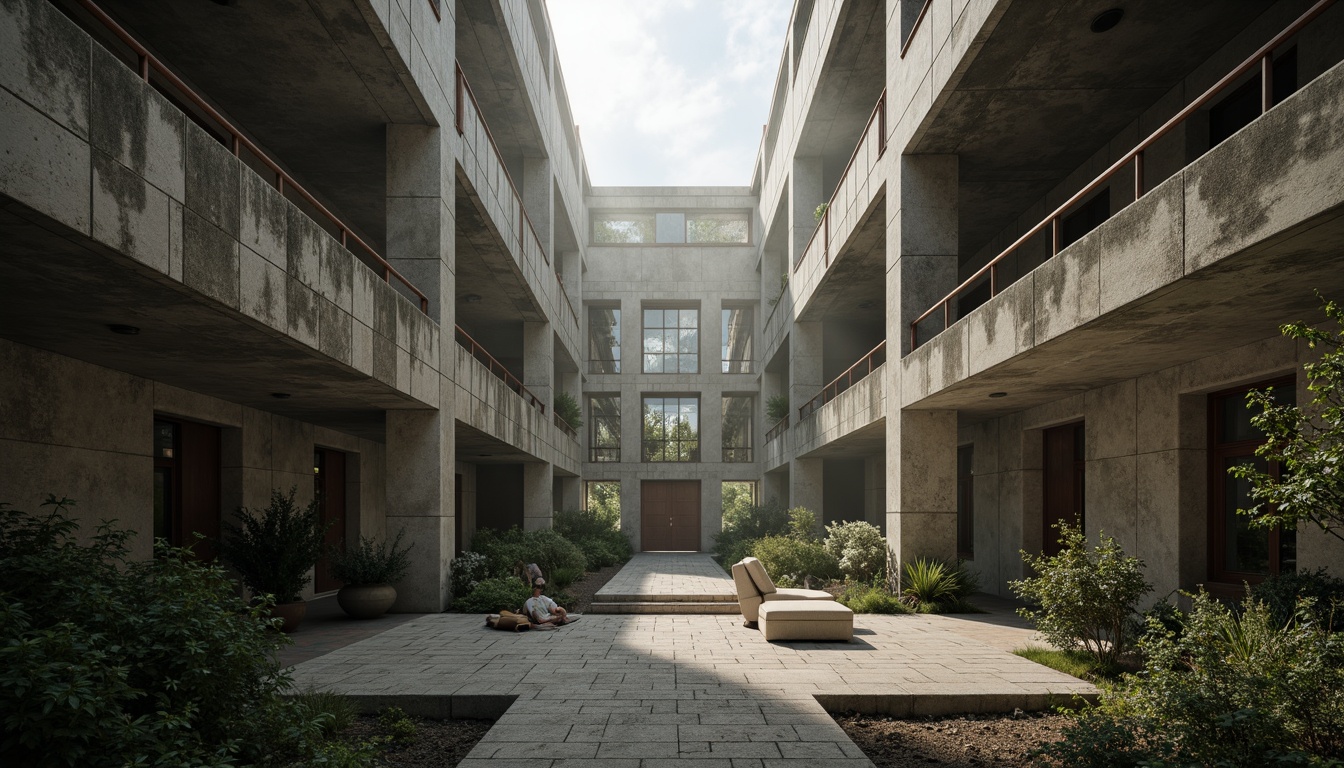 Prompt: Rugged brutalist church, raw concrete textures, industrial steel beams, minimalist stained glass windows, earthy tone color palette, weathered stone walls, moss-covered facades, dramatic natural light, atmospheric foggy day, high contrast shadows, cinematic 1-point perspective, low-angle composition, muted color grading, realistic material renders, ambient occlusion.