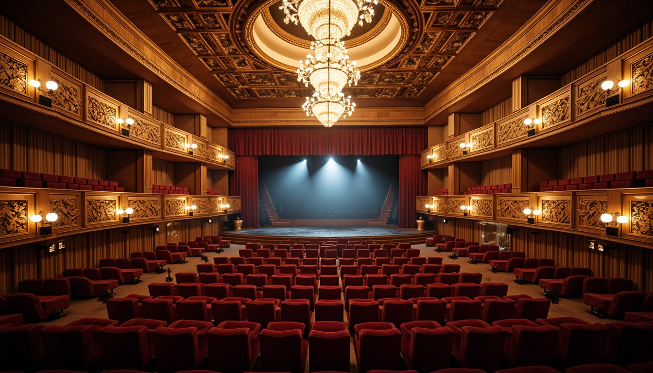 Prompt: Luxurious theater interior, ornate golden details, plush red velvet seats, curved balconies, grand chandelier, acoustic panels, sound-absorbing materials, tiered seating, intimate stage setting, dramatic spotlights, warm ambient lighting, 1/2 composition, shallow depth of field, realistic textures, soft shadows.