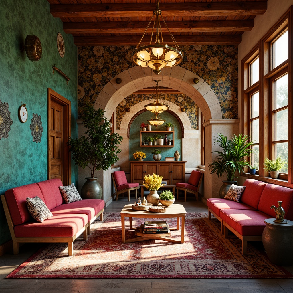 Prompt: Vibrant bohemian atmosphere, eclectic mix of antique and modern elements, distressed wood textures, ornate metal fixtures, Moroccan-inspired tiles, bold geometric patterns, rich velvet fabrics, vintage rugs, opulent chandeliers, warm golden lighting, soft focus, shallow depth of field, 2/3 composition, warm color harmony, earthy tone background, turquoise accents, coral pink highlights, sunshine yellow pops, moss green undertones, luxurious gold leaf details.