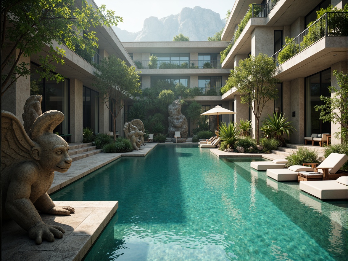 Prompt: Mysterious gargoyle statues, intricately carved stone faces, water-resistant concrete bodies, vibrant turquoise pool waters, sun-drenched deck areas, lush greenery surroundings, natural rock formations, cascading waterfall features, misty atmosphere, soft warm lighting, shallow depth of field, 3/4 composition, panoramic view, realistic textures, ambient occlusion.